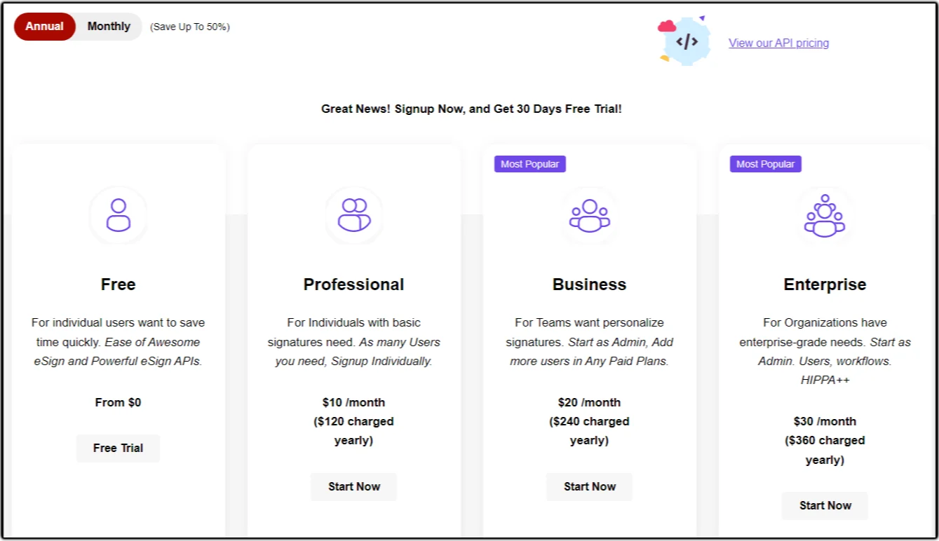 Pricing plan for eSignly