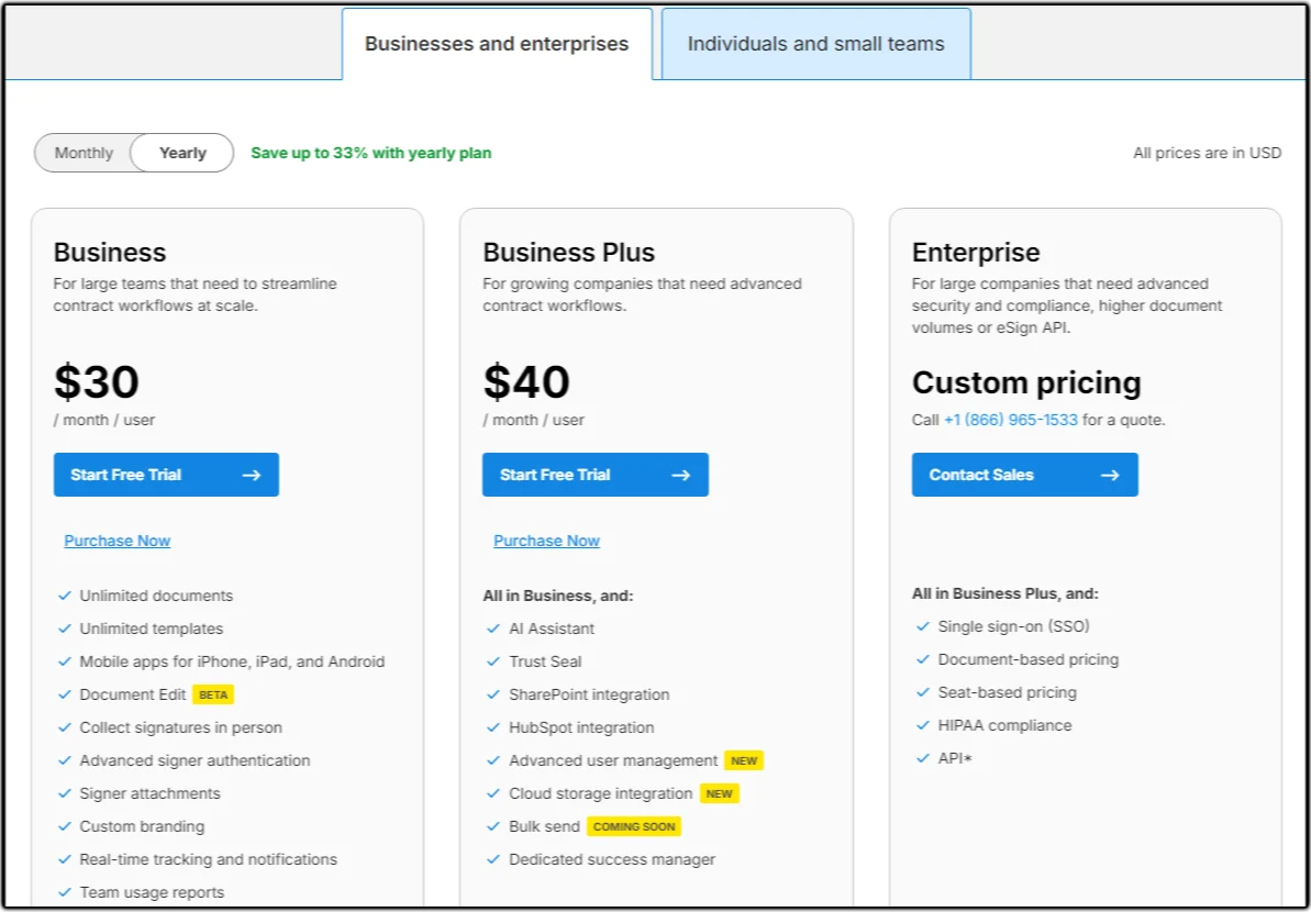 Pricing plan for SignEasy