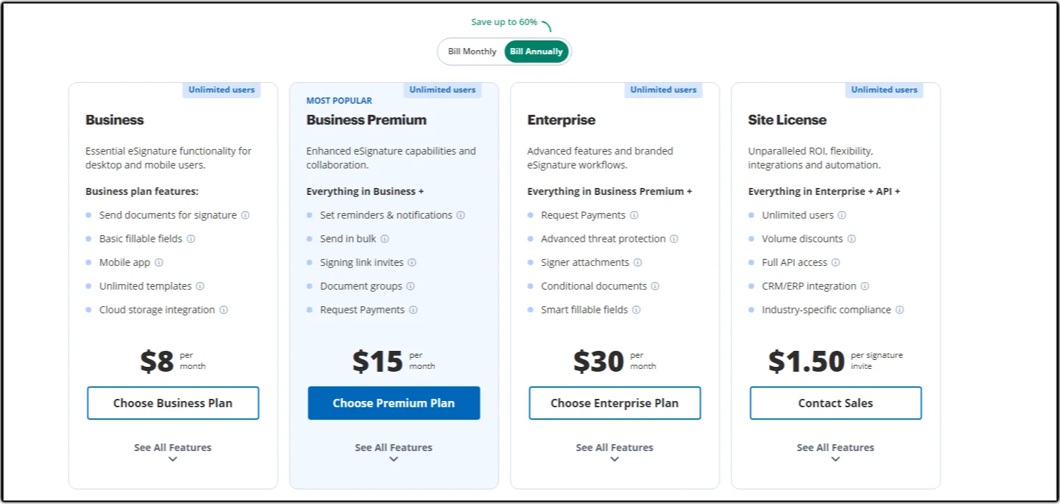 Pricing plan for SignNow