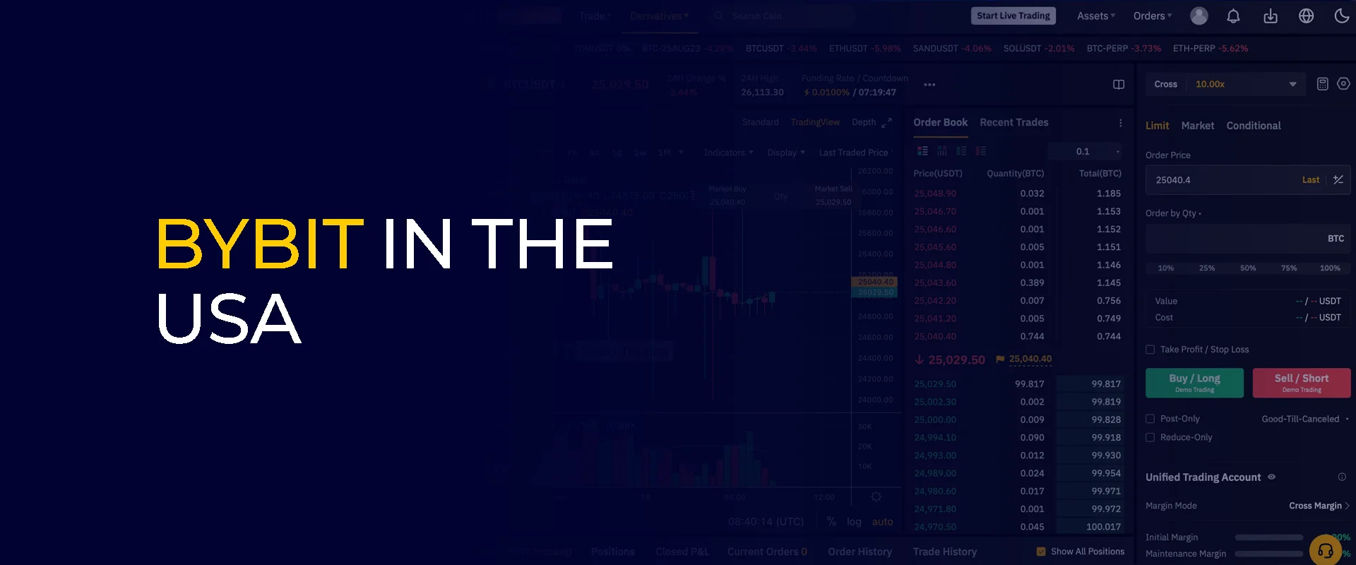 Bybit in the USA banner with bybit interface and some trading is in process in the background.