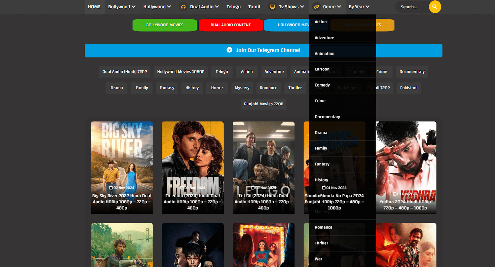 Vegamovies home page featuring all content genres