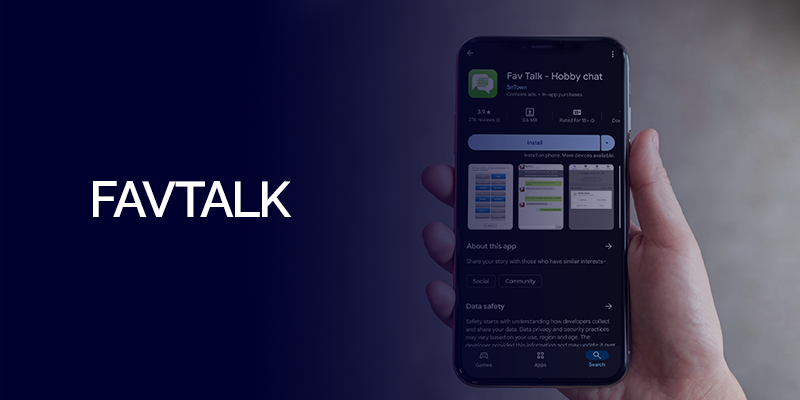 Person holding a smartphone displaying the Favtalk App's download page in playstore.