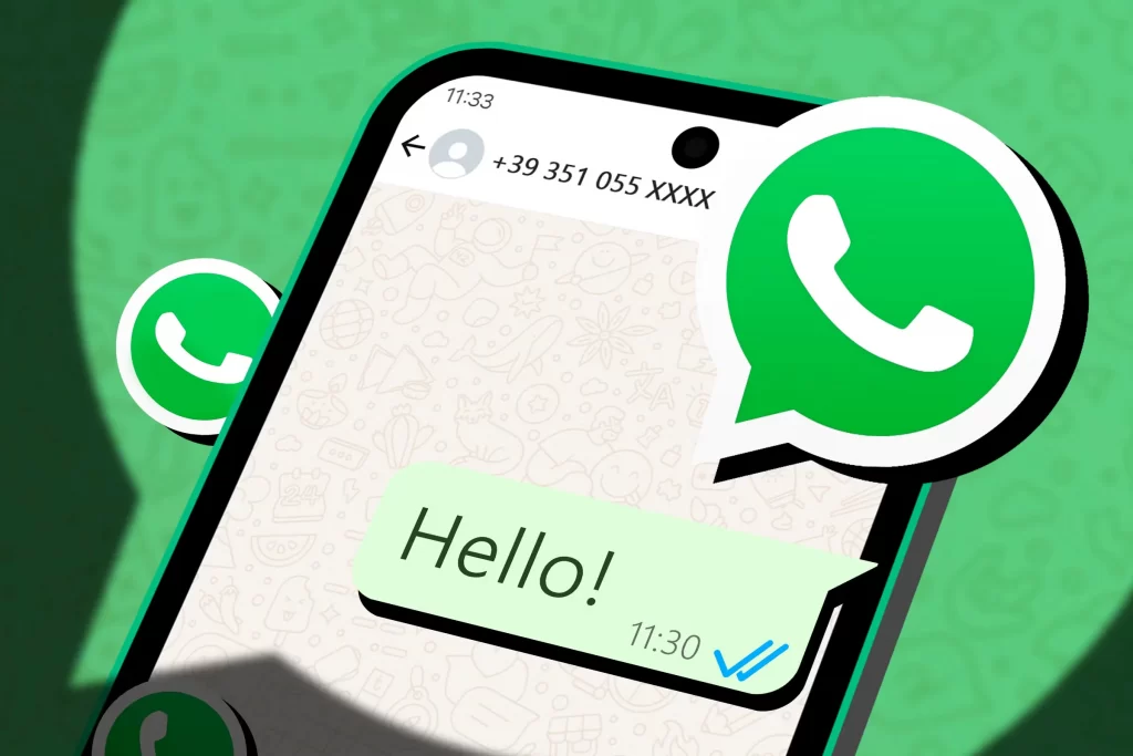 Image of a whatsapp message of Hello, message is highlighted. Background has many whatsapp logo.