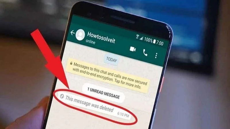 Highlighted the deleted whatsapp message in red circle. Showing how to see the deleted whastapp messages.