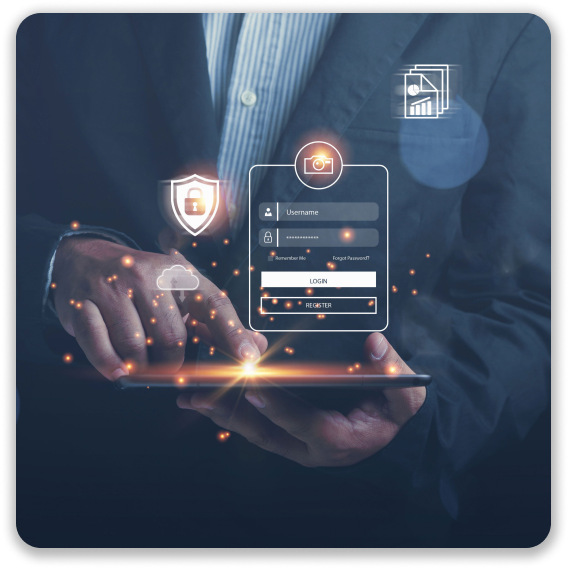 Image of a man securing his identity number and online accounts with a strong password. He uses the Fast Protect software to prevent identity theft.