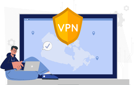 A person using a laptop beside a large screen displaying a VPN shield and a question mark representing vpn usage and online security.