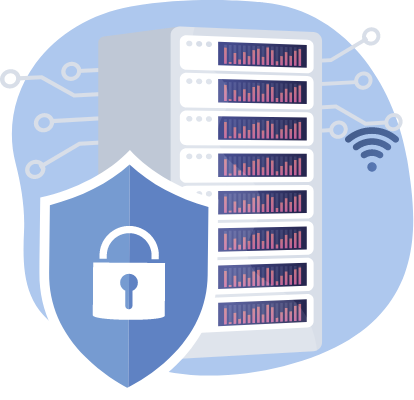 Image of a server tower protected by a shield with lock, representing cyber security and data protection. The background has wifi signal and circuit connection images.