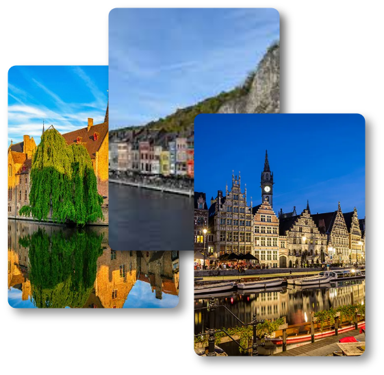 3 images showing beautiful buildings, a lake, mountain in Belgium.