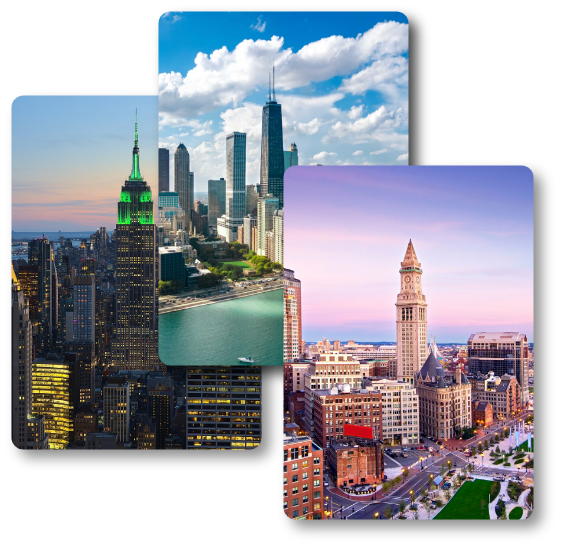 3 images showing beautiful buildings, a lake, roads and clouds in United States.