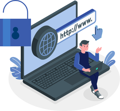 A man sitting on a laptop, working with another laptop on his lap. The laptop is secured with a lock icon and the opened website is protected.