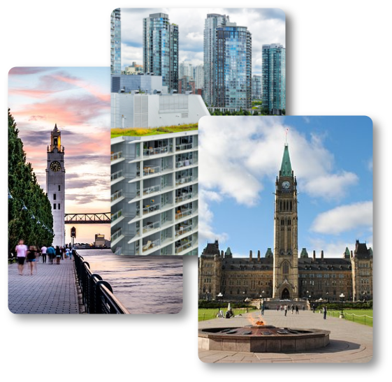 3 images showing people walking, beautiful buildings, clear sky in Canada.