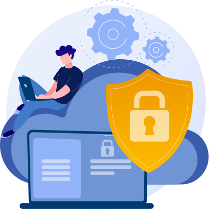 Een man die op een laptop werkt terwijl hij op een grote wolk zit, met een schild en een hangslotpictogram dat staat voor veilige cloudcomputingdiensten en gegevensbescherming.