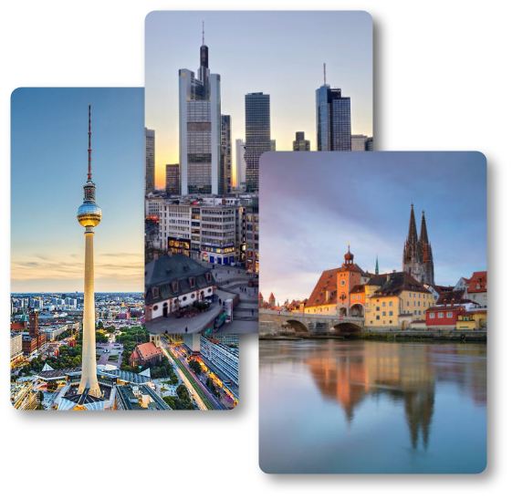 3 images showing beautiful buildings, a huge lake, and roads in Germany.