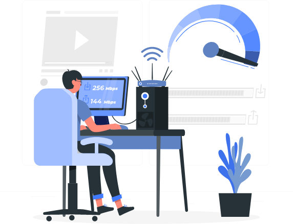 A person working on a computer, screen is displaying high internet speeds. There is also a Wi-Fi router with speed gauge on full performance representing high speed internet connection and seamless connectivity.
