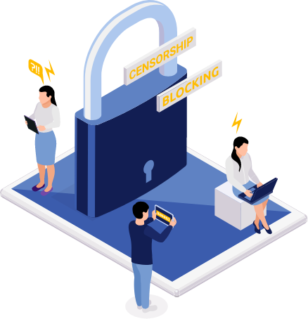 3 people using different devices around a huge padlock labeled with “Censorship” and “Blocking,” representing restrictions and surveillance.