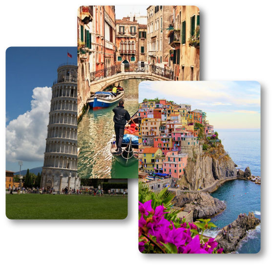 3 images showing beautiful buildings, a cliff, a sea in Italy.