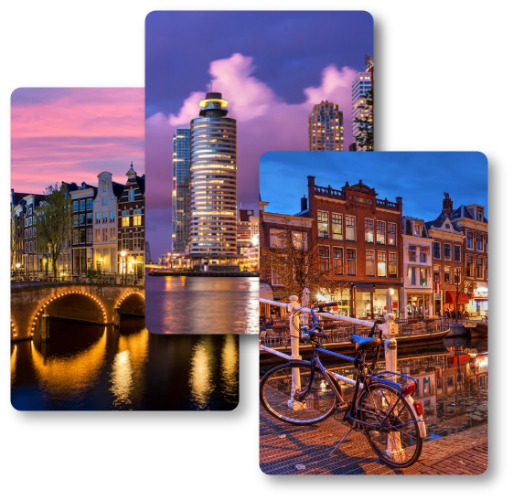 3 afbeeldingen van prachtige gebouwen, een groot meer en een fiets in Nederland.