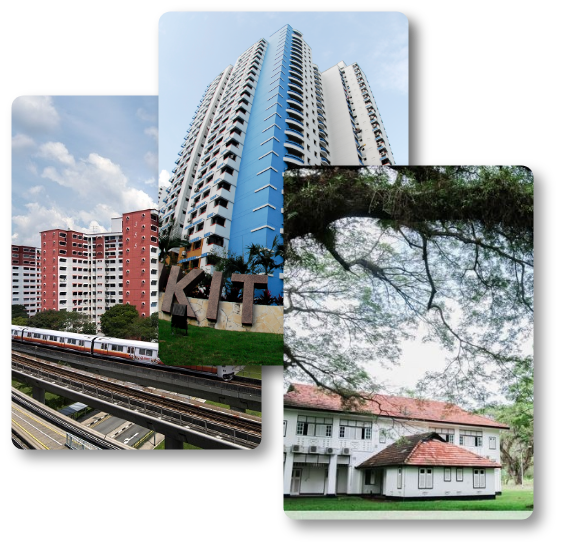 3 images showing beautiful buildings, sky, trees in Singapore.