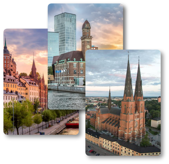 3 images showing beautiful buildings, a lake, sky in Sweden.