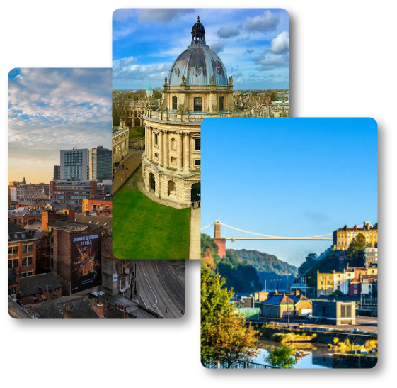 3 images showing beautiful buildings, bridge, lake, roads in United Kingdom.