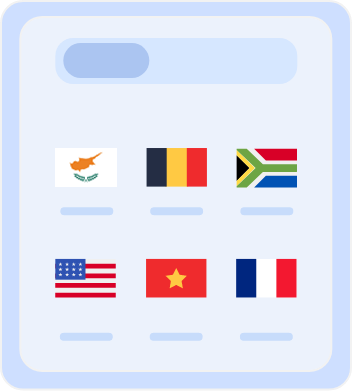 Country selection screen displaying flags of multiple countries, including Australia, Belgium, South Africa, the United States, Vietnam, and France, for choosing server locations or language preferences.