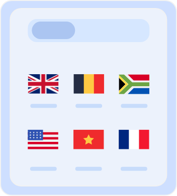 Country selection screen displaying flags of multiple countries, including Australia, Belgium, South Africa, the United States, Vietnam, and France, for choosing server locations or language preferences.