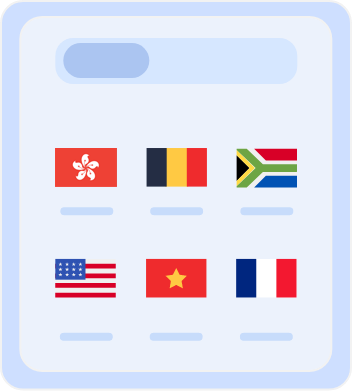 Country selection screen displaying flags of multiple countries, including Australia, Belgium, South Africa, the United States, Vietnam, and France, for choosing server locations or language preferences.