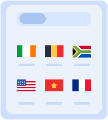 Country selection screen displaying flags of multiple countries, including Australia, Belgium, South Africa, the United States, Vietnam, and France, for choosing server locations or language preferences.