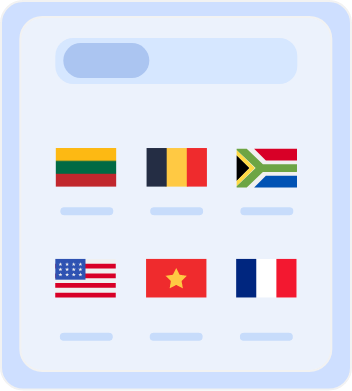 Country selection screen displaying flags of multiple countries, including Australia, Belgium, South Africa, the United States, Vietnam, and France, for choosing server locations or language preferences.