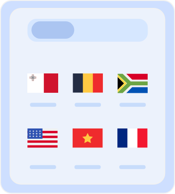 Country selection screen displaying flags of multiple countries, including Australia, Belgium, South Africa, the United States, Vietnam, and France, for choosing server locations or language preferences.