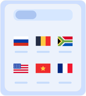 Country selection screen displaying flags of multiple countries, including Australia, Belgium, South Africa, the United States, Vietnam, and France, for choosing server locations or language preferences.