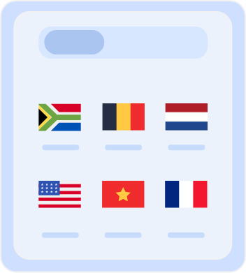 Country Selection Screen with Flags Country selection screen displaying flags of multiple countries, including Australia, Belgium, South Africa, the United States, Vietnam, and France, for choosing server locations or language preferences.