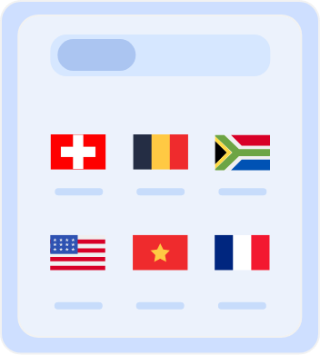 Country Selection Screen with Flags Country selection screen displaying flags of multiple countries, including Australia, Belgium, South Africa, the United States, Vietnam, and France, for choosing server locations or language preferences.