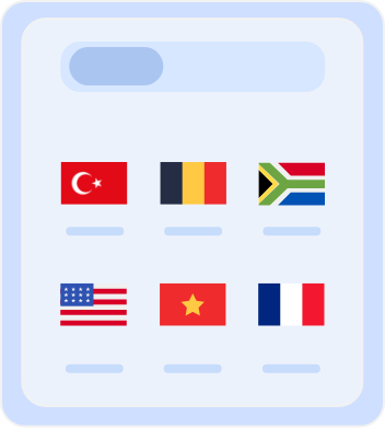 Country selection screen displaying flags of multiple countries, including Australia, Belgium, South Africa, the United States, Vietnam, and France, for choosing server locations or language preferences.