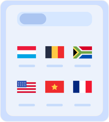 Country selection screen displaying flags of multiple countries, including Australia, Belgium, South Africa, the United States, Vietnam, and France, for choosing server locations or language preferences.
