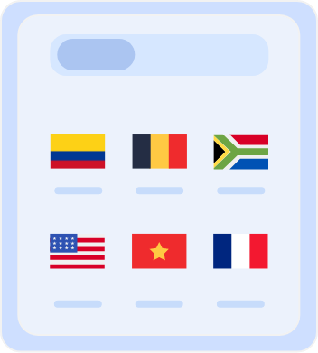 Country selection screen displaying flags of multiple countries, including Australia, Belgium, South Africa, the United States, Vietnam, and France, for choosing server locations or language preferences.