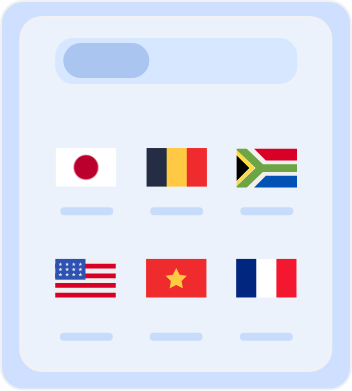 Country Selection Screen with Flags Country selection screen displaying flags of multiple countries, including Australia, Belgium, South Africa, the United States, Vietnam, and France, for choosing server locations or language preferences.