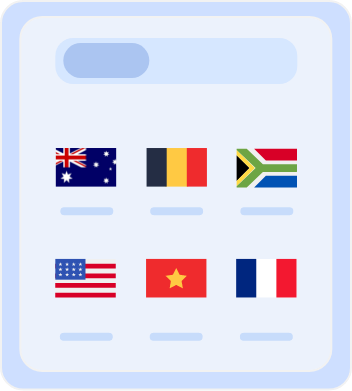 Country selection screen displaying flags of multiple countries, including Australia, Belgium, South Africa, the United States, Vietnam, and France, for choosing server locations or language preferences.