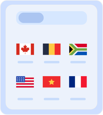Country Selection Screen with Flags Country selection screen displaying flags of multiple countries, including Australia, Belgium, South Africa, the United States, Vietnam, and France, for choosing server locations or language preferences.