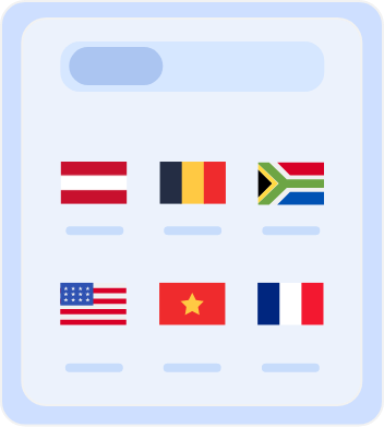 Country selection screen displaying flags of multiple countries, including Australia, Belgium, South Africa, the United States, Vietnam, and France, for choosing server locations or language preferences.