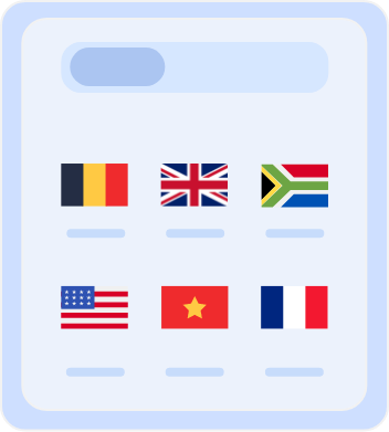Country selection screen displaying flags of multiple countries, including Australia, Belgium, South Africa, the United States, Vietnam, and France, for choosing server locations or language preferences.