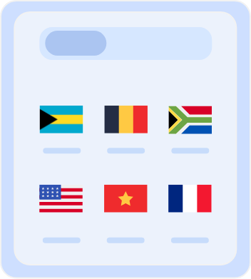 Country selection screen displaying flags of multiple countries, including Australia, Belgium, South Africa, the United States, Vietnam, and France, for choosing server locations or language preferences.