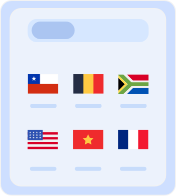 Country Selection Screen with Flags Country selection screen displaying flags of multiple countries, including Australia, Belgium, South Africa, the United States, Vietnam, and France, for choosing server locations or language preferences.