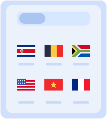 Country selection screen displaying flags of multiple countries, including Australia, Belgium, South Africa, the United States, Vietnam, and France, for choosing server locations or language preferences.