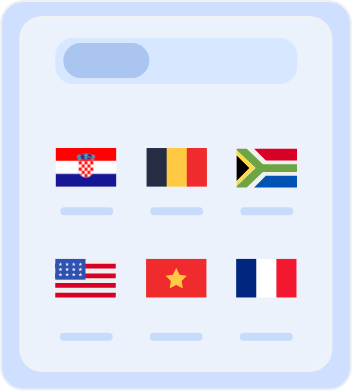 Country selection screen displaying flags of multiple countries, including Australia, Belgium, South Africa, the United States, Vietnam, and France, for choosing server locations or language preferences.