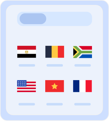 Country selection screen displaying flags of multiple countries, including Australia, Belgium, South Africa, the United States, Vietnam, and France, for choosing server locations or language preferences.