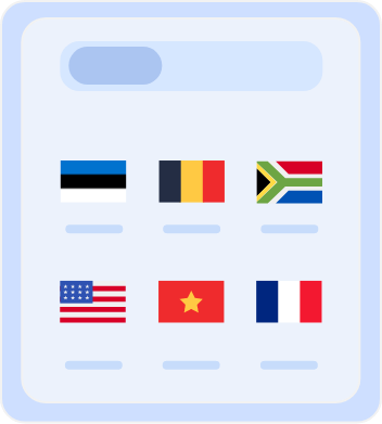 Country selection screen displaying flags of multiple countries, including Australia, Belgium, South Africa, the United States, Vietnam, and France, for choosing server locations or language preferences.