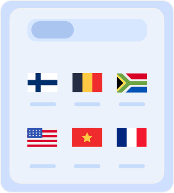 Country selection screen displaying flags of multiple countries, including Australia, Belgium, South Africa, the United States, Vietnam, and France, for choosing server locations or language preferences.