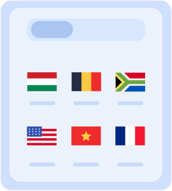 Country selection screen displaying flags of multiple countries, including Australia, Belgium, South Africa, the United States, Vietnam, and France, for choosing server locations or language preferences.