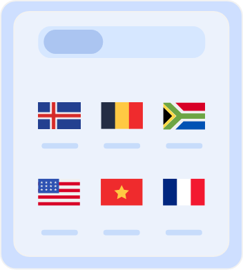 Country selection screen displaying flags of multiple countries, including Australia, Belgium, South Africa, the United States, Vietnam, and France, for choosing server locations or language preferences.